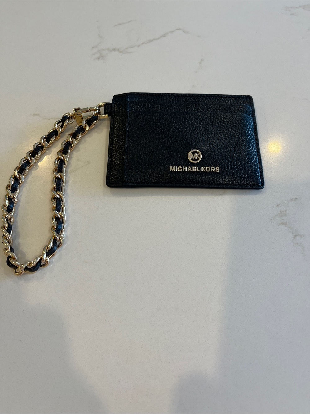 Michael Kors Black Leather Card Holder with Gold Chain Wristlet